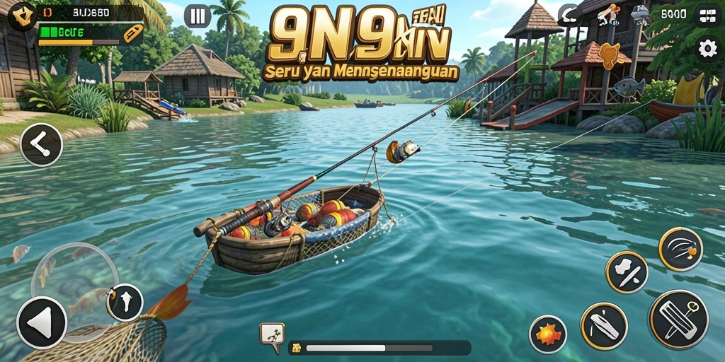 Screenshot gameplay 9N9N menampilkan pemain yang memancing di danau yang indah.
