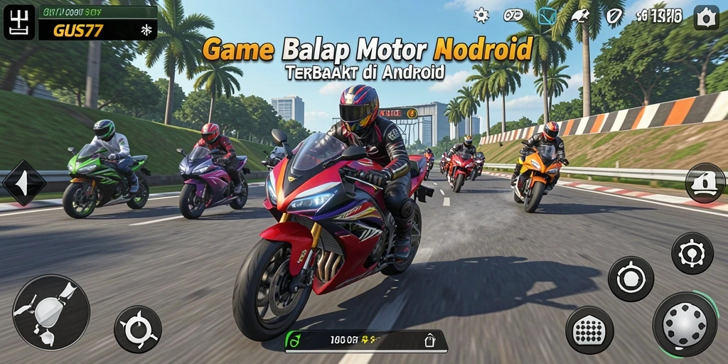 Screenshot gameplay GUS77 menampilkan aksi balap motor yang intens.