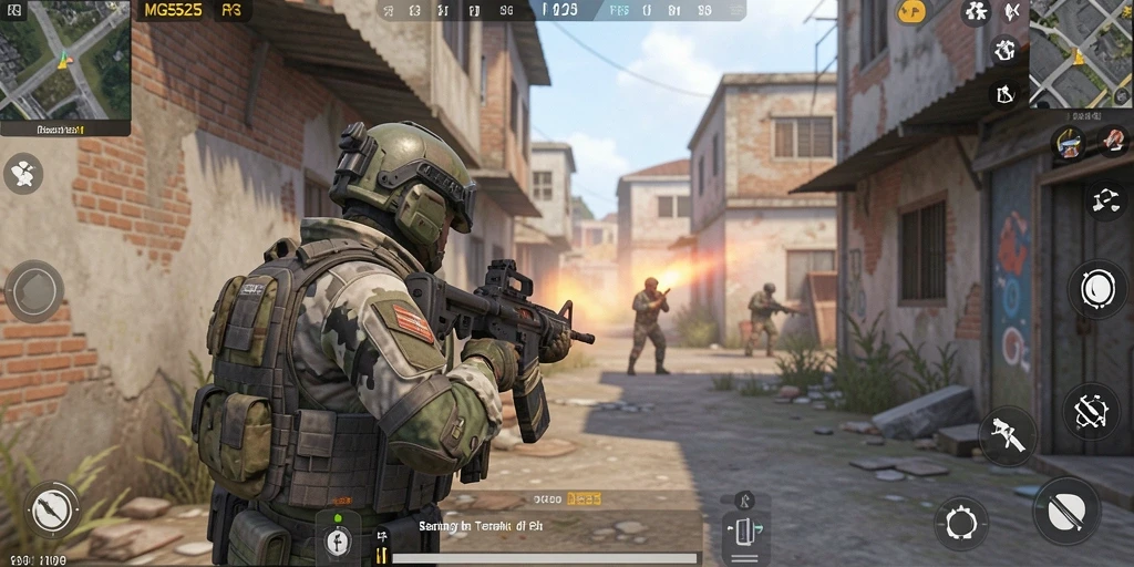 Screenshot gameplay MG525 menampilkan aksi tembak-menembak yang intens.